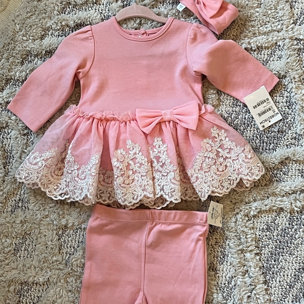 NWT Little Me 3m Pink Lace Trim Kids Matching Set